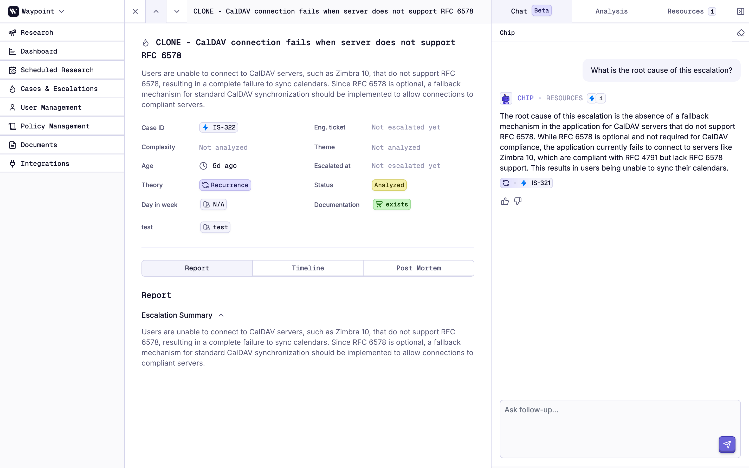 Escalation case detail view showing Report tab with AI analysis and Chip chat assistant