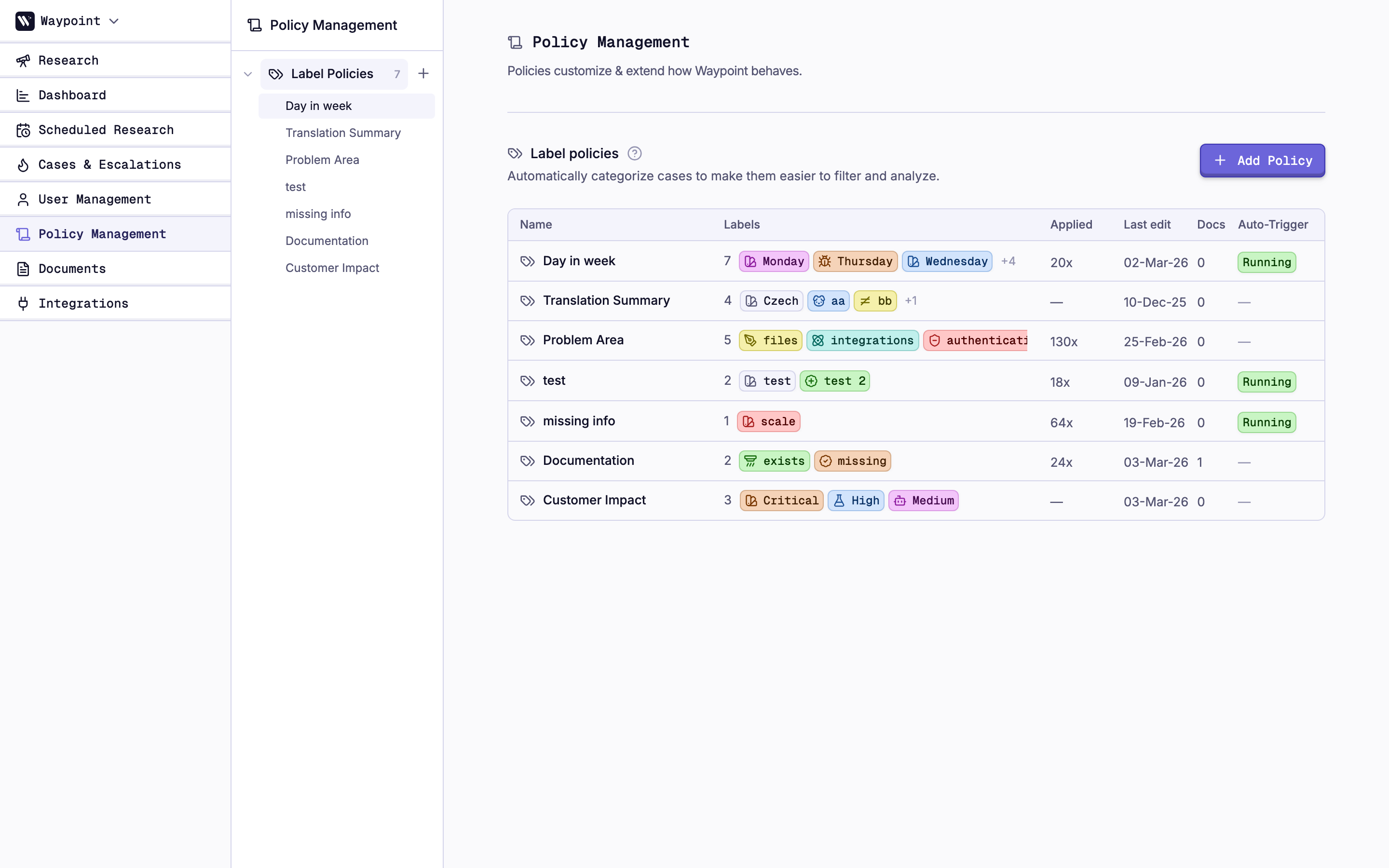 Policy detail view showing labels, auto-trigger configuration, and linked documents
