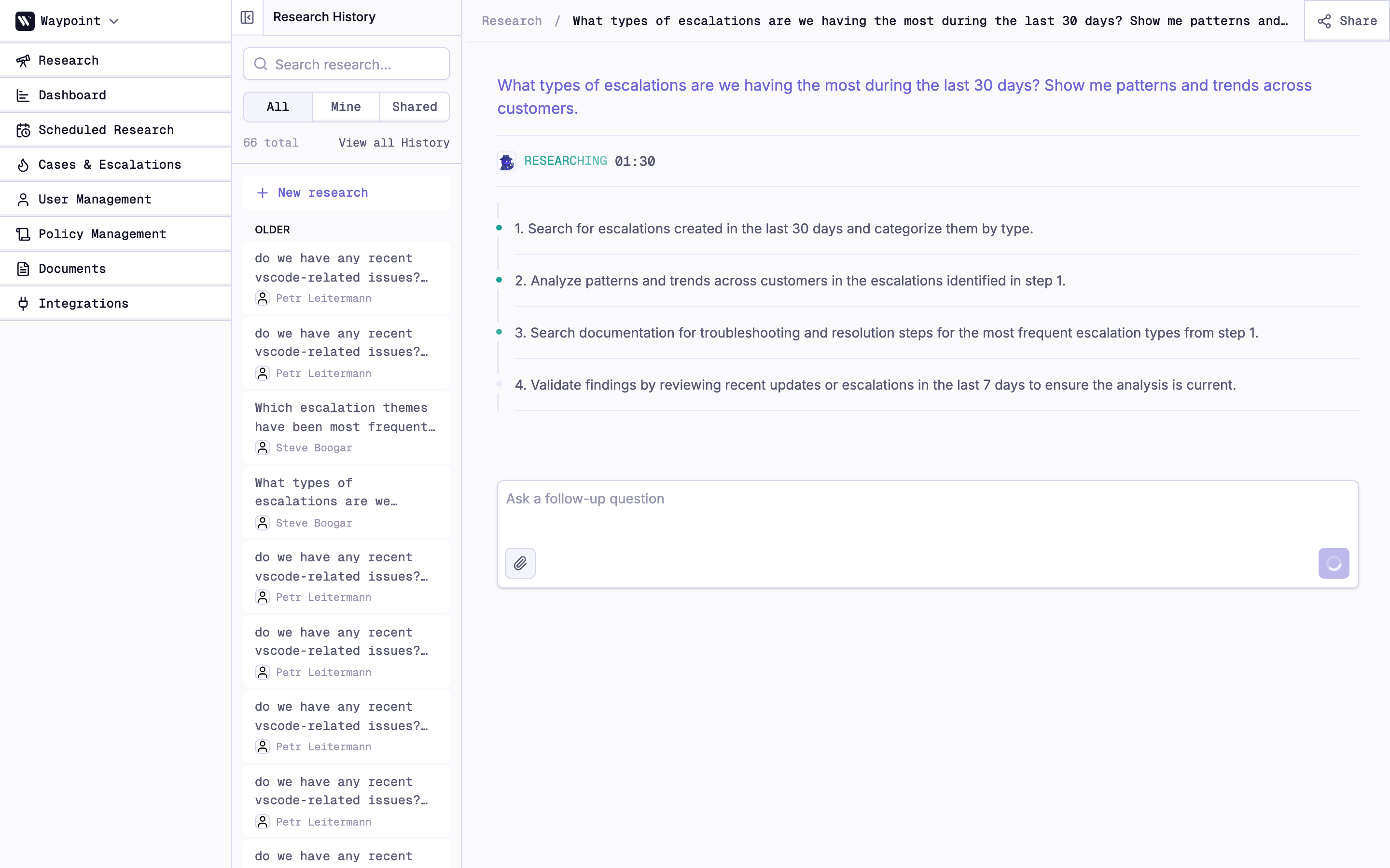 Deep Research agent running through research tasks with step counter