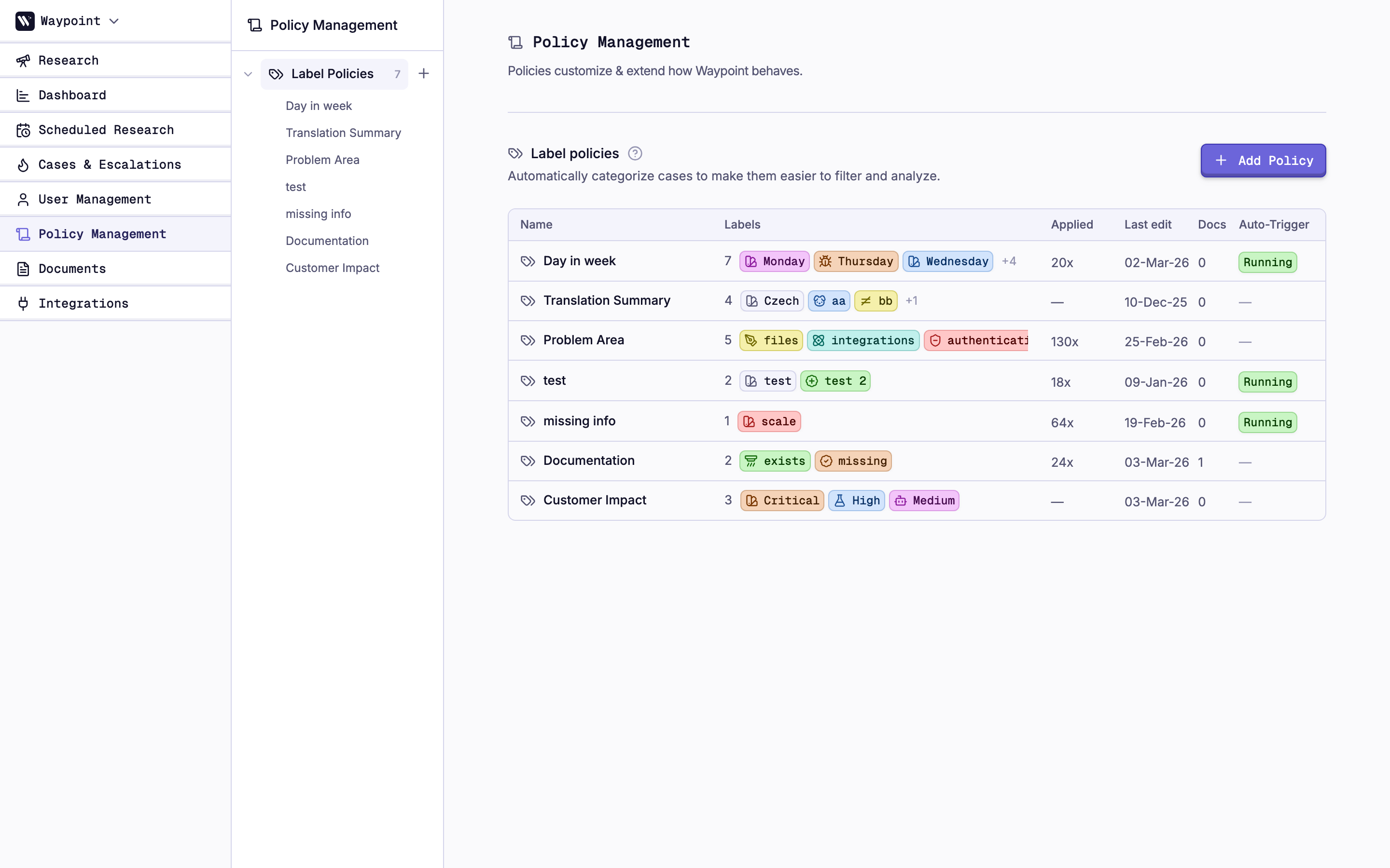 Policy Management page showing sidebar navigation and policy list
