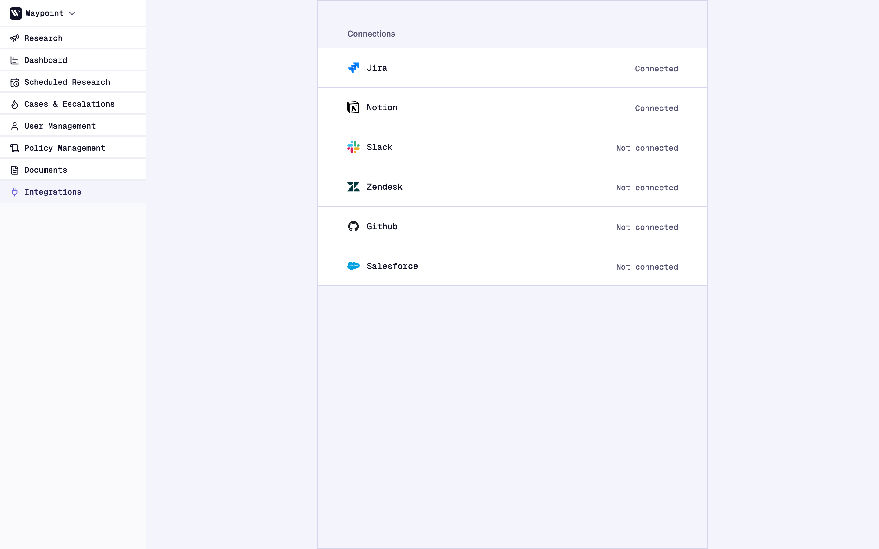 Integrations hub showing 6 integration cards for Jira, Notion, Slack, Zendesk, GitHub, and Salesforce